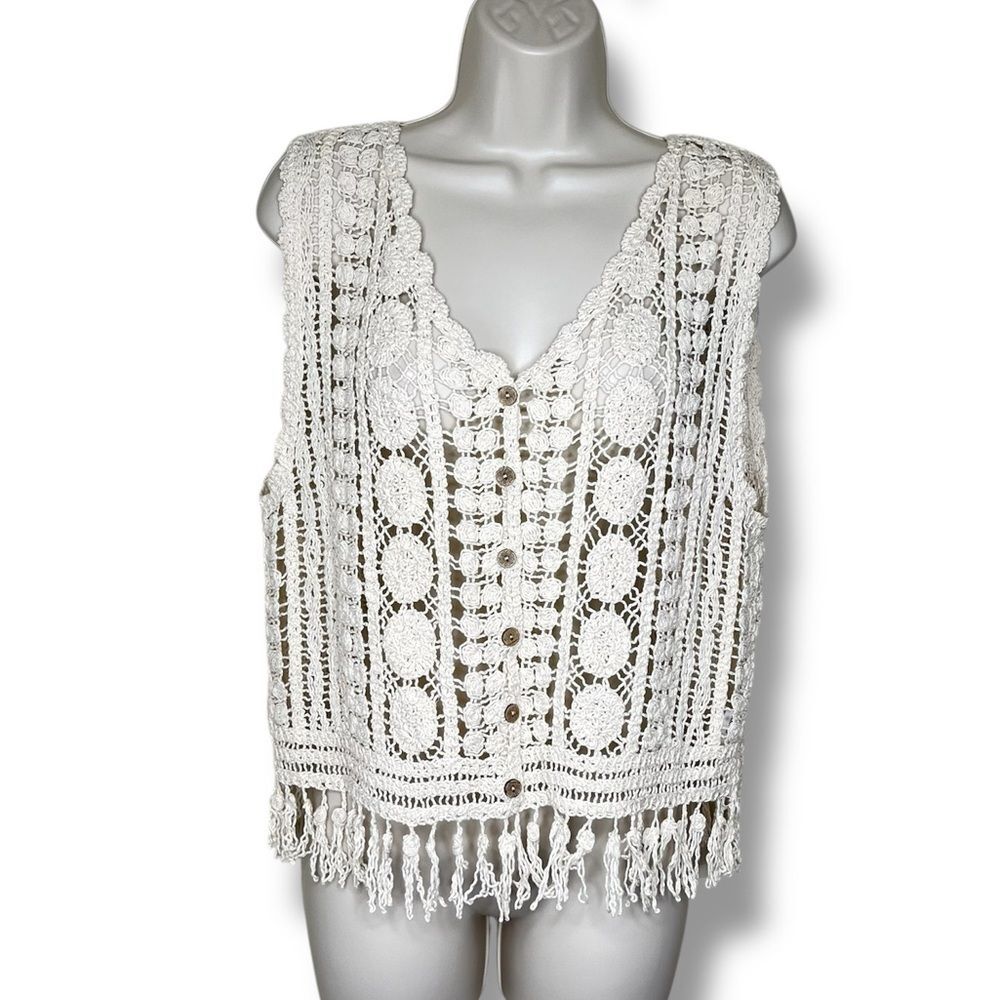 Rebellion Crochet Lace Fringe Button Front Cream Boho Vest Cotton Women Small